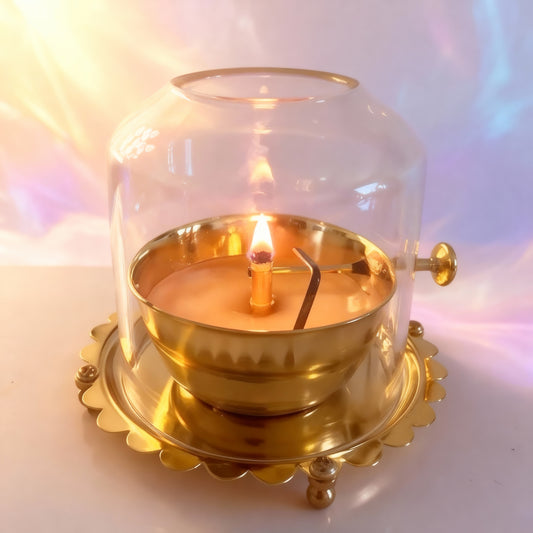 Auspicious Akhand Jyot in golden brass, where the wick circles in divine rhythm